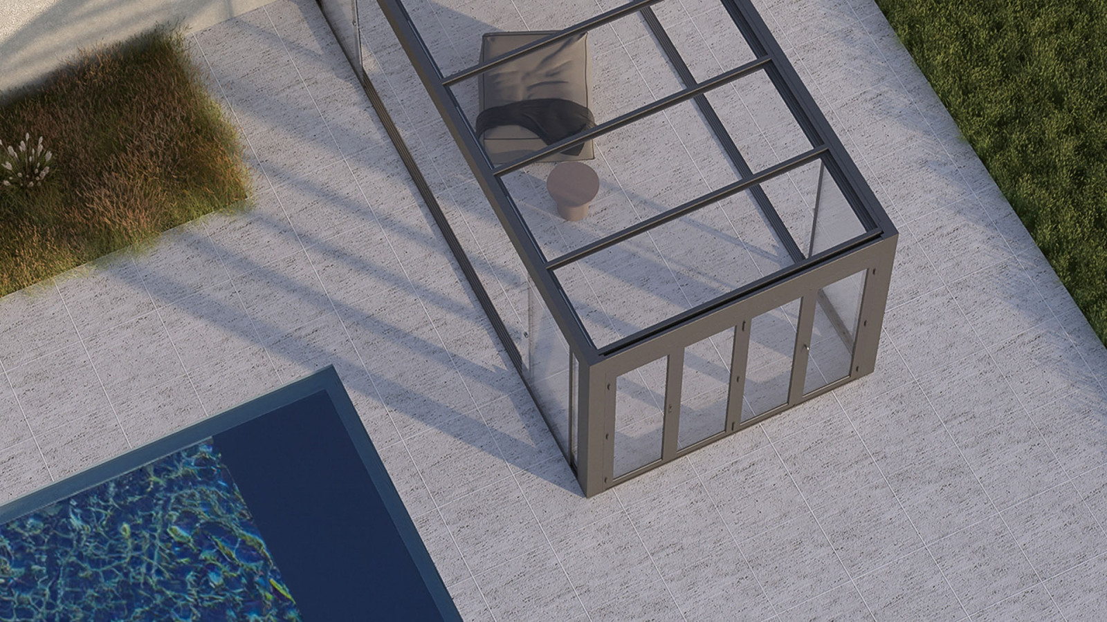 Foldable glass system enclosed room with a pool in the background.